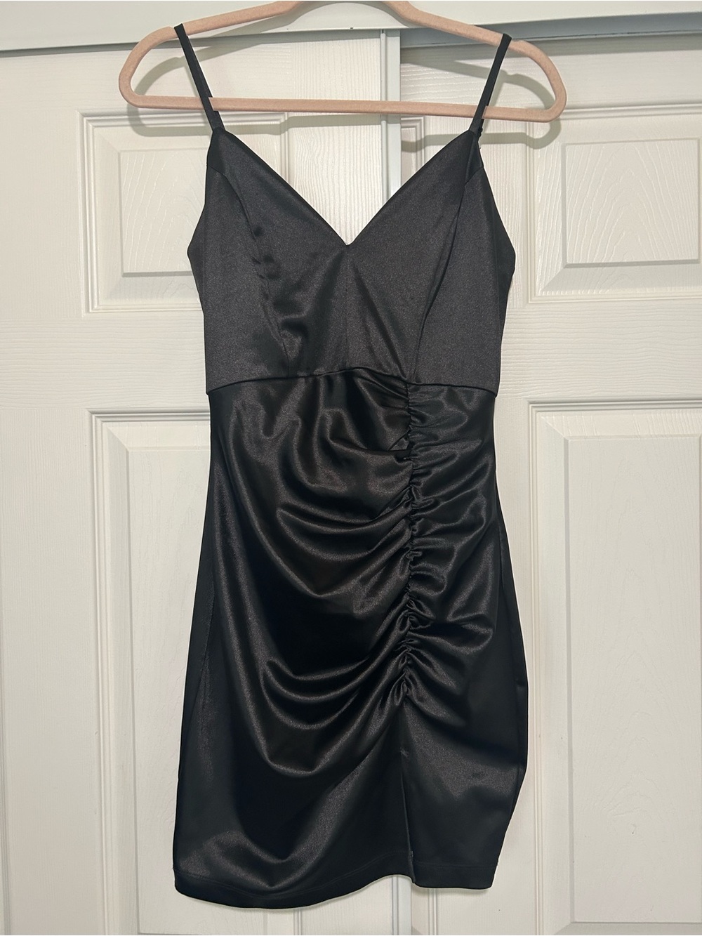 Honey and Rosie Black Satin Ruched Mini Dress